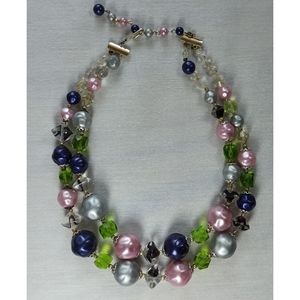 Vintage 1950's Mixed Multi Color Pastel 2 Strand Beaded Necklace Signed Japan